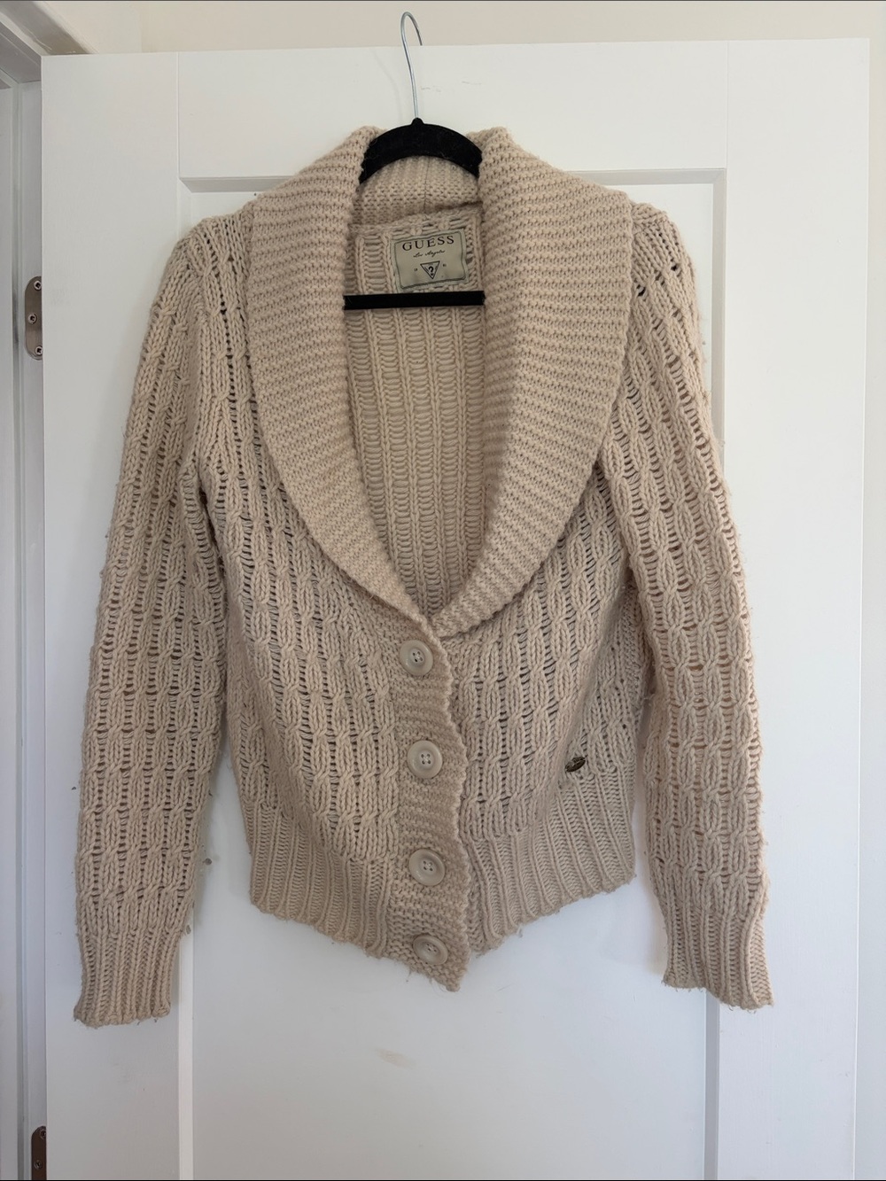 GUESS Cream Chunky Shawl-Collar Cardigan